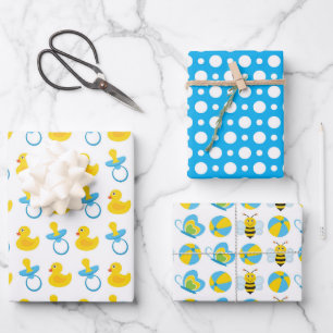 HOJA DE PAPEL DE REGALO ELEMENTOS DE BEBÉ BLANCO AZUL AMARILLO