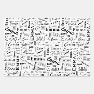 Hoja De Papel De Regalo Emma Nombre personalizado blanco negro