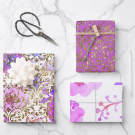 Hoja De Papel De Regalo Encaje floral damasco dorado rosa púrpura