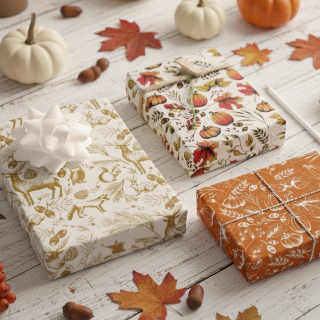 Hoja De Papel De Regalo Encantadora cosecha otoñal y animales de los bosqu (Elegant Fall Harvest Burnt Orange Pumpkins, Autumn Leaves, Berries, Animals Thanksgiving Gift Wrap)