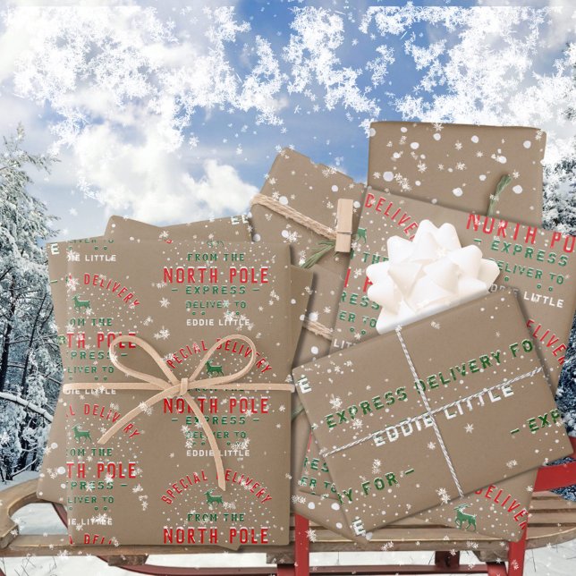 Hoja De Papel De Regalo Entrega Especial De Kraft Rústico Del Polo Norte (Special Delivery From The North Pole Write a Child or Adult's Name on Rustic Kraft Wrapping Paper )