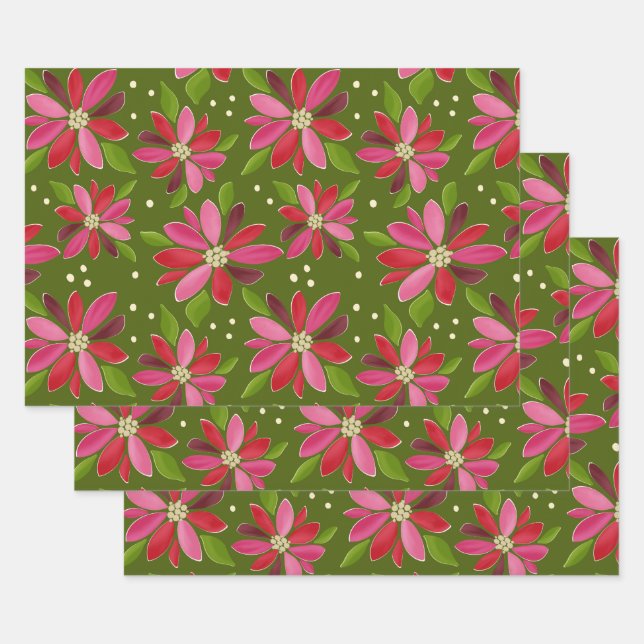 Hoja De Papel De Regalo Envase de regalo verde de Poinsettia 3 (Set)