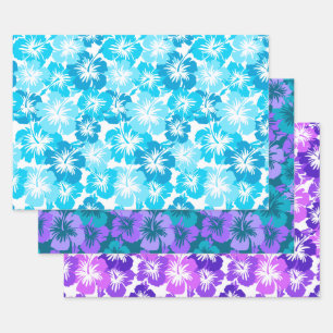 Hoja De Papel De Regalo Epic Hibiscus Hawaian Floral Trio- Turq & Purple