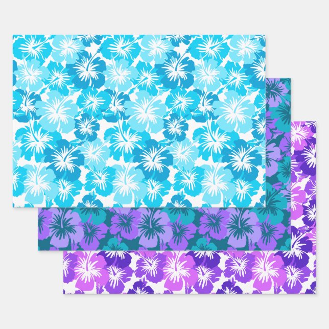 Hoja De Papel De Regalo Epic Hibiscus Hawaian Floral Trio- Turq & Purple (Set)