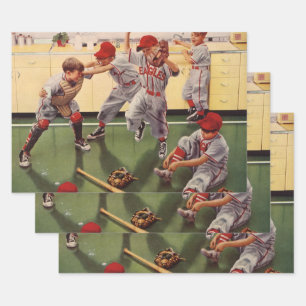 Hoja De Papel De Regalo Equipo de béisbol deportivo vintage, niños jugando