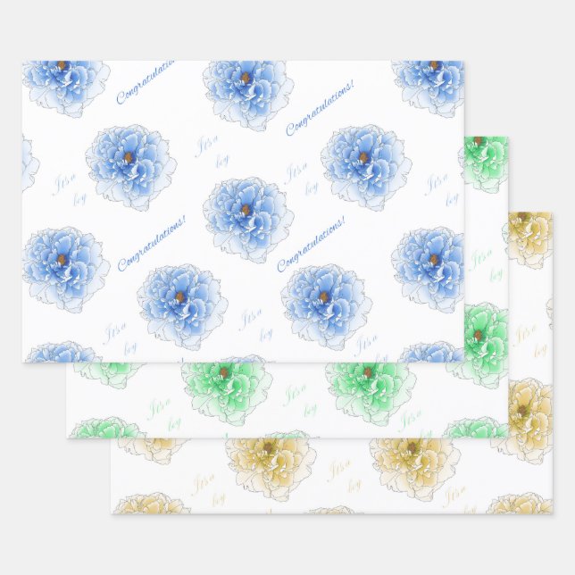 Hoja De Papel De Regalo Es un niño azul de flores amarillas verdes (Set)