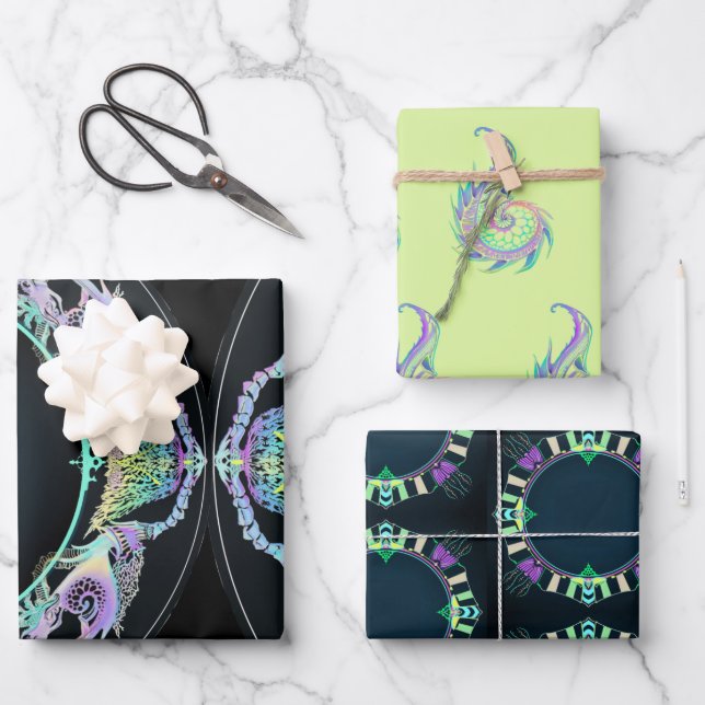 Hoja De Papel De Regalo Esbozo marino en neón (Anverso)