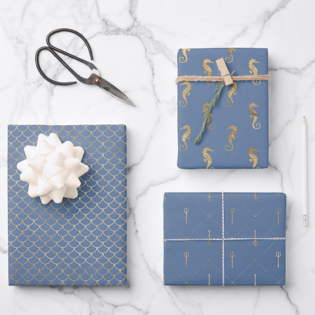 Hoja De Papel De Regalo Escalas de la sirena trident con caballito de mar  (Anverso)