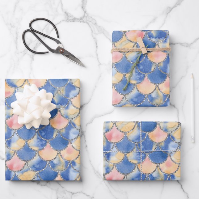 Hoja De Papel De Regalo Escalas de sirenas azules, amarillas y plateadas (Anverso)