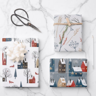 Hoja De Papel De Regalo Escenas de invierno en el país, casas antiguas, bo