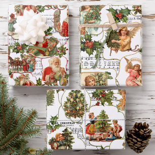Hoja De Papel De Regalo Escenas navideñas vintage, Holly y Collage musical