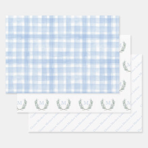 Hoja De Papel De Regalo Escudo de Blue Gingham Laurel