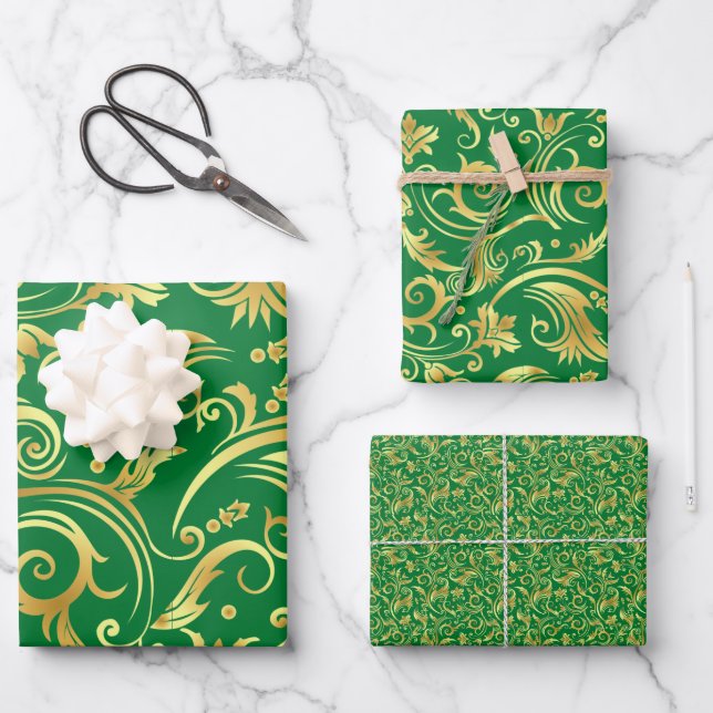 Hoja De Papel De Regalo Esmeralda Verde y Oro (Anverso)