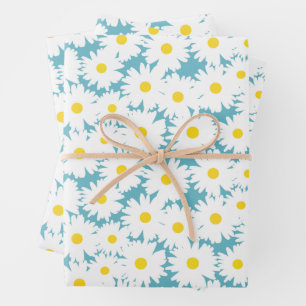Hoja De Papel De Regalo Espacio negativo Daisies amarillo blanco sobre azu