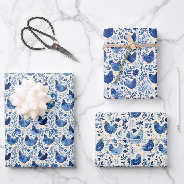 Hoja De Papel De Regalo Espectacular patrón de Hen azul con elementos flor (Anverso)