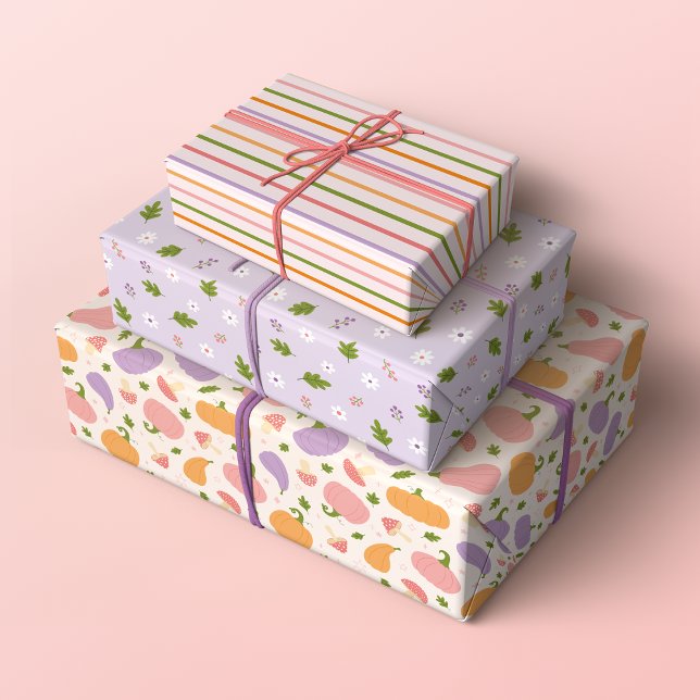 Hoja De Papel De Regalo Espectáculos caprichosos de Halloween y otoño (Set of 3 Whimsical Fall and Halloween Patterns in Pastel Pink, Lavender and Orange)