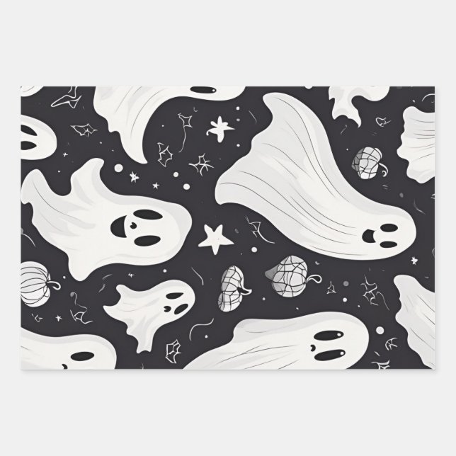Hoja De Papel De Regalo Espeluznante Fantasma Halloween Blanco Negro (Anverso)