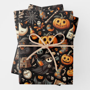 Hoja De Papel De Regalo Espeluznante patrón fantasma de Halloween negro