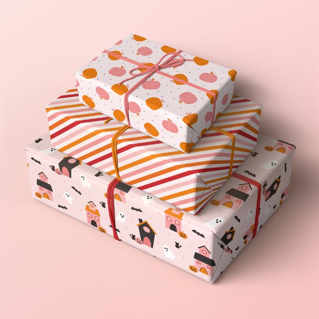 Hoja De Papel De Regalo Espeluznantes Patrones Cute Halloween (Set of 3 Halloween patterns with spooky haunted houses, pumpkins and stripes in orange, red and pink)
