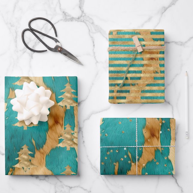 Hoja De Papel De Regalo Espuma de árbol de navidad dorado marrón (Anverso)