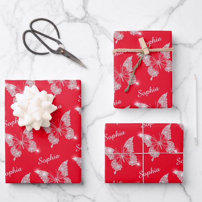 Hoja De Papel De Regalo Espuma de mariposa de diamantes blancos, nombre DI (Anverso)