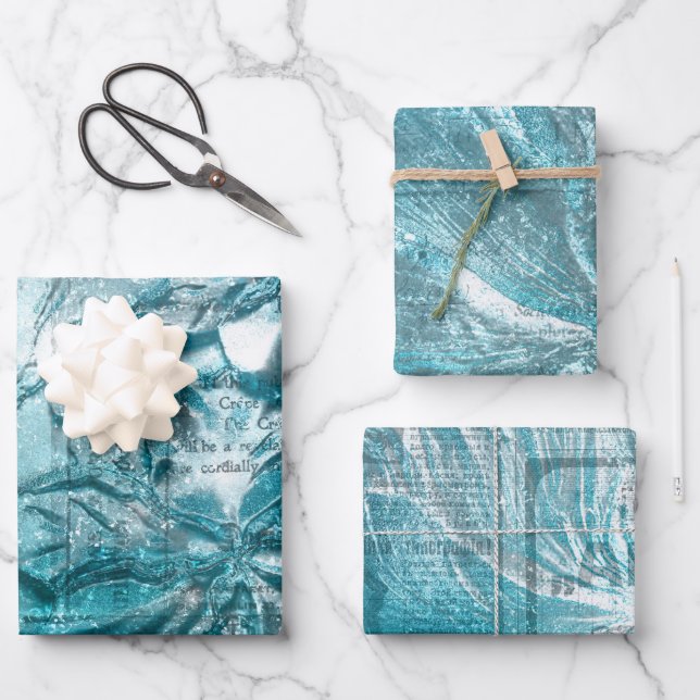 Hoja De Papel De Regalo Espuma Verde azulada de patrón floral blanco vinta (Anverso)