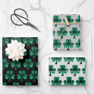 Hoja De Papel De Regalo Espuma verde esmeralda Patrón de Shamrock negro