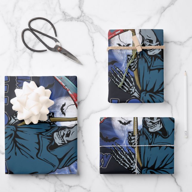 Hoja De Papel De Regalo Esqueleto malvado en Halloween oscuro y temible (Anverso)