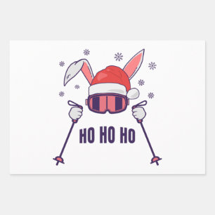 Hoja De Papel De Regalo Esquiando Santa Rabbit con Santa Hat y los postes 
