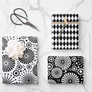 Hoja De Papel De Regalo Estallido de estrella geométrica en blanco y negro