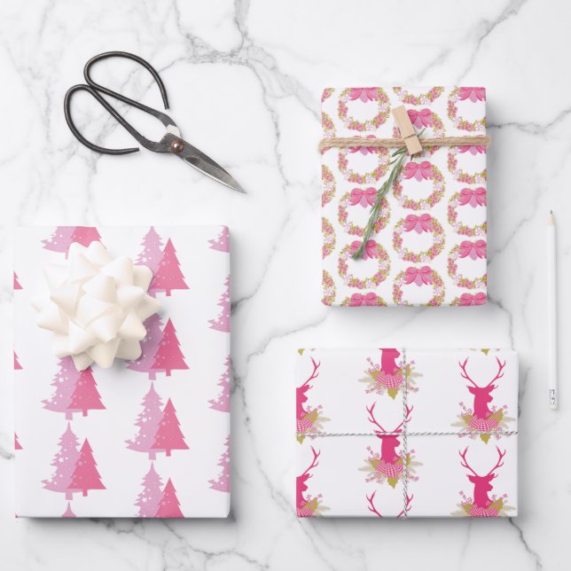 Hoja De Papel De Regalo estampado festivo de Navidades rosas (Anverso)