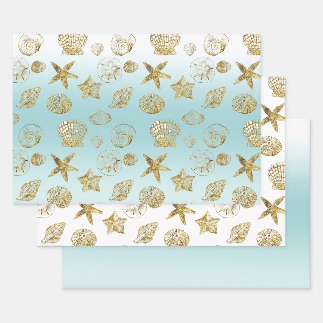 Hoja De Papel De Regalo Estanques de playa de oro Aqua Blue Ombre (Set)