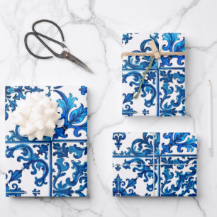Hoja De Papel De Regalo estilo italiano, mediterráneo, mosaico, azul,