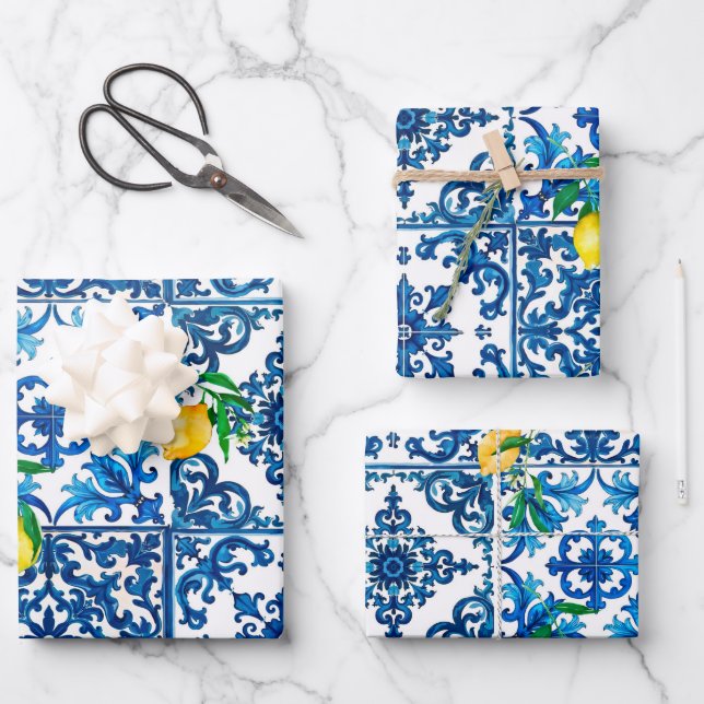 Hoja De Papel De Regalo estilo italiano, mediterráneo, mosaico, azul, limó (Anverso)