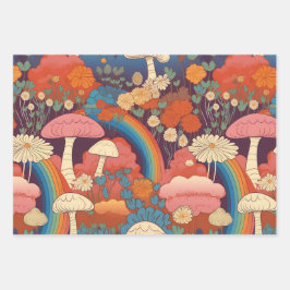 Hoja De Papel De Regalo Estilo retro hippie vintage 70 Mushroom Boho Set 3