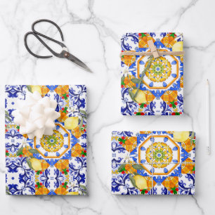 Hoja De Papel De Regalo Estilo siciliano, limones, majólica