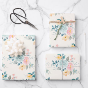 Hoja De Papel De Regalo Estiloso Bouquet De Flores Azules Y Rosa