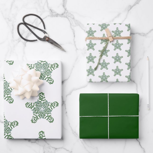 Hoja De Papel De Regalo Estrella de caligrafía verde navideña (Anverso)