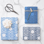 Hoja De Papel De Regalo Estrella de David Floral Hanukkah Set<br><div class="desc">Este juego de envolvimiento de regalo presenta un patrón estelar de David con estampado a mano en variaciones de azul y blanco.</div>
