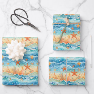 Hoja De Papel De Regalo Estrella de mar acuarela Náutica
