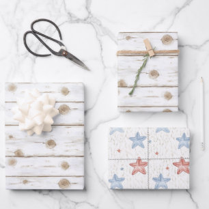 Hoja De Papel De Regalo Estrella de mar de madera blanca falsa de Navidad