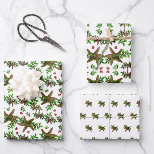 Hoja De Papel De Regalo Estrella de mar y acebo Patrón Tropical de Navidad