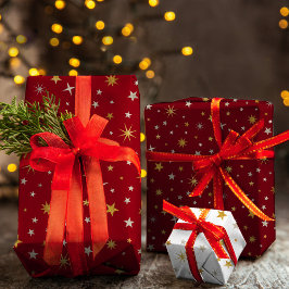Hoja De Papel De Regalo Estrella elegante de Navidades rojos dorados de Mo