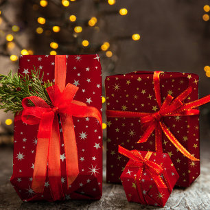 Hoja De Papel De Regalo Estrella elegante de Navidades rojos dorados de Mo