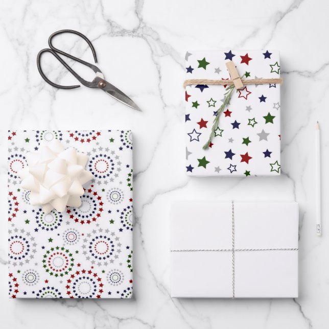 Hoja De Papel De Regalo Estrella gris verde azul rojo blanco azul círculo  (Anverso)