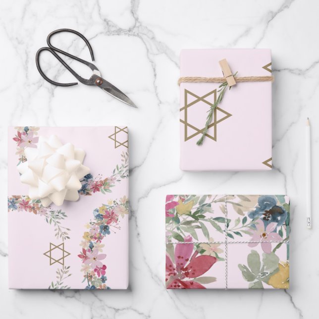 Hoja De Papel De Regalo Estrella Judía De David Elegant Floral Rosa (Anverso)