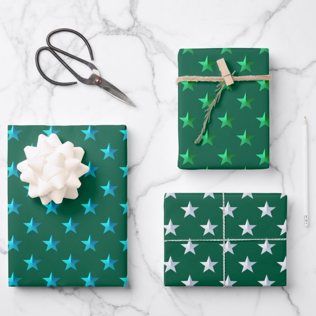 Hoja De Papel De Regalo Estrellas azul turquesa de plata verde forestal (Anverso)