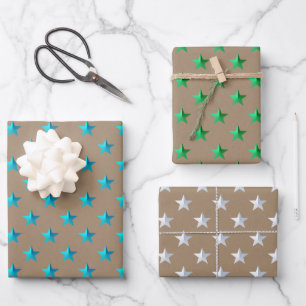 Hoja De Papel De Regalo Estrellas azul turquesa verde azul kraft plateado 
