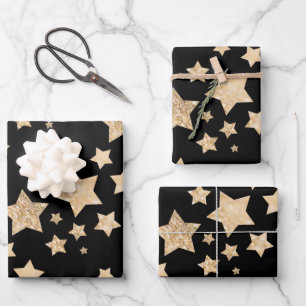 Hoja De Papel De Regalo Estrellas brillantes de oro Feliz Navidad negro