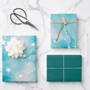 Hoja De Papel De Regalo Estrellas celestes Verde azuladas turquesa